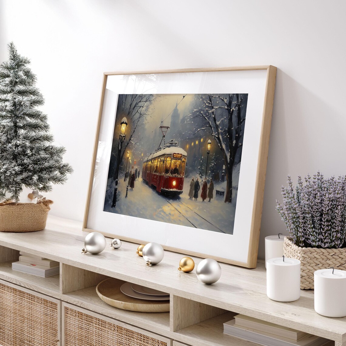 Red Tram in Snowy City Street at Night Vintage Winter Travel Poster - Image 6