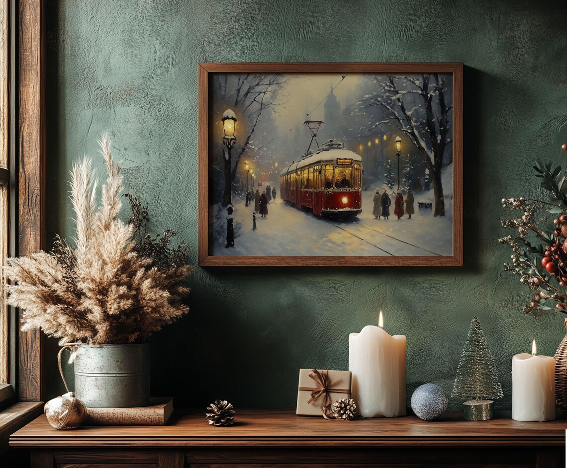 Red Tram in Snowy City Street at Night Vintage Winter Travel Poster - Image 7
