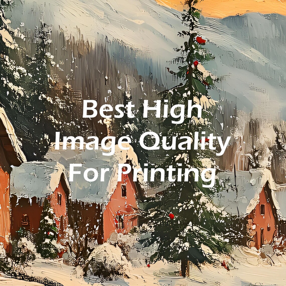 Red Christmas Cabin Sunset Mountain Pines Holiday Oil Painting Poster - Image 4