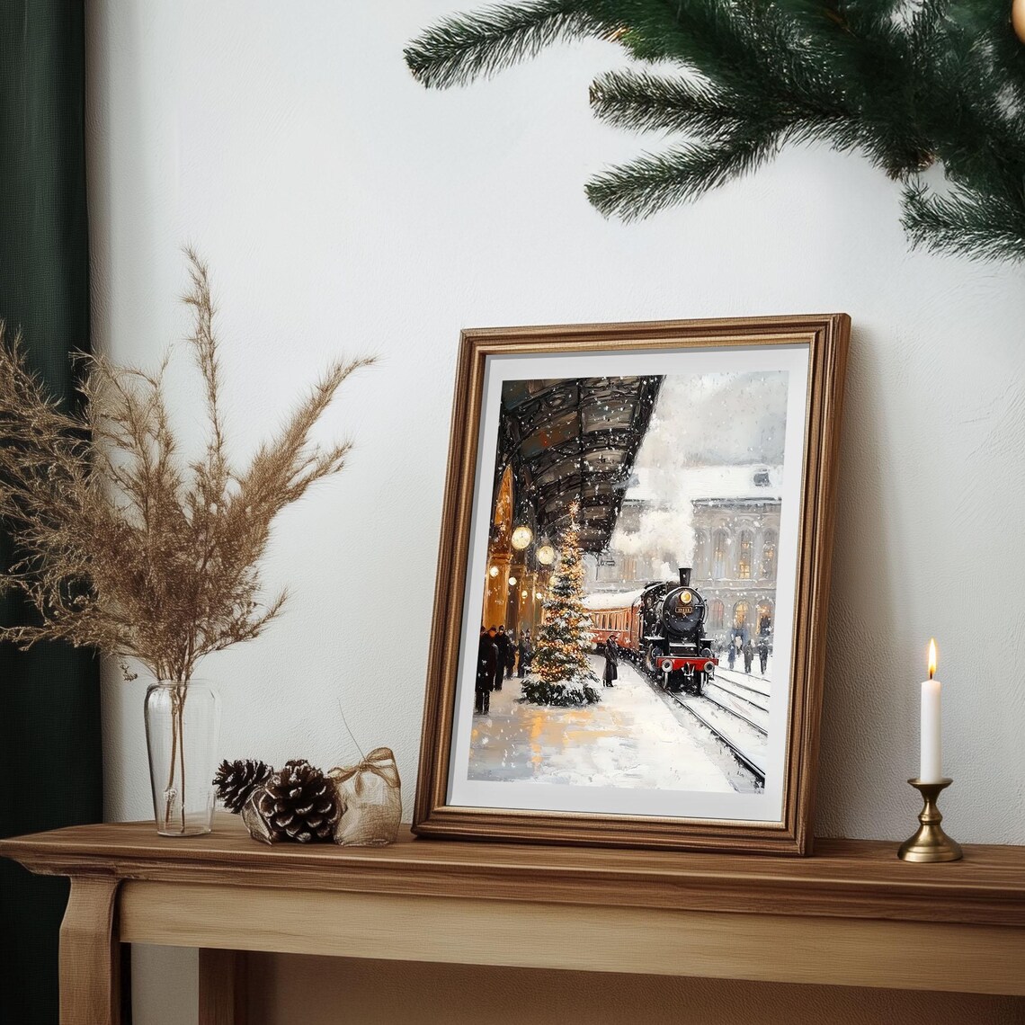 Vintage Steam Train at Snowy Christmas Station Oil Painting Poster - Image 7