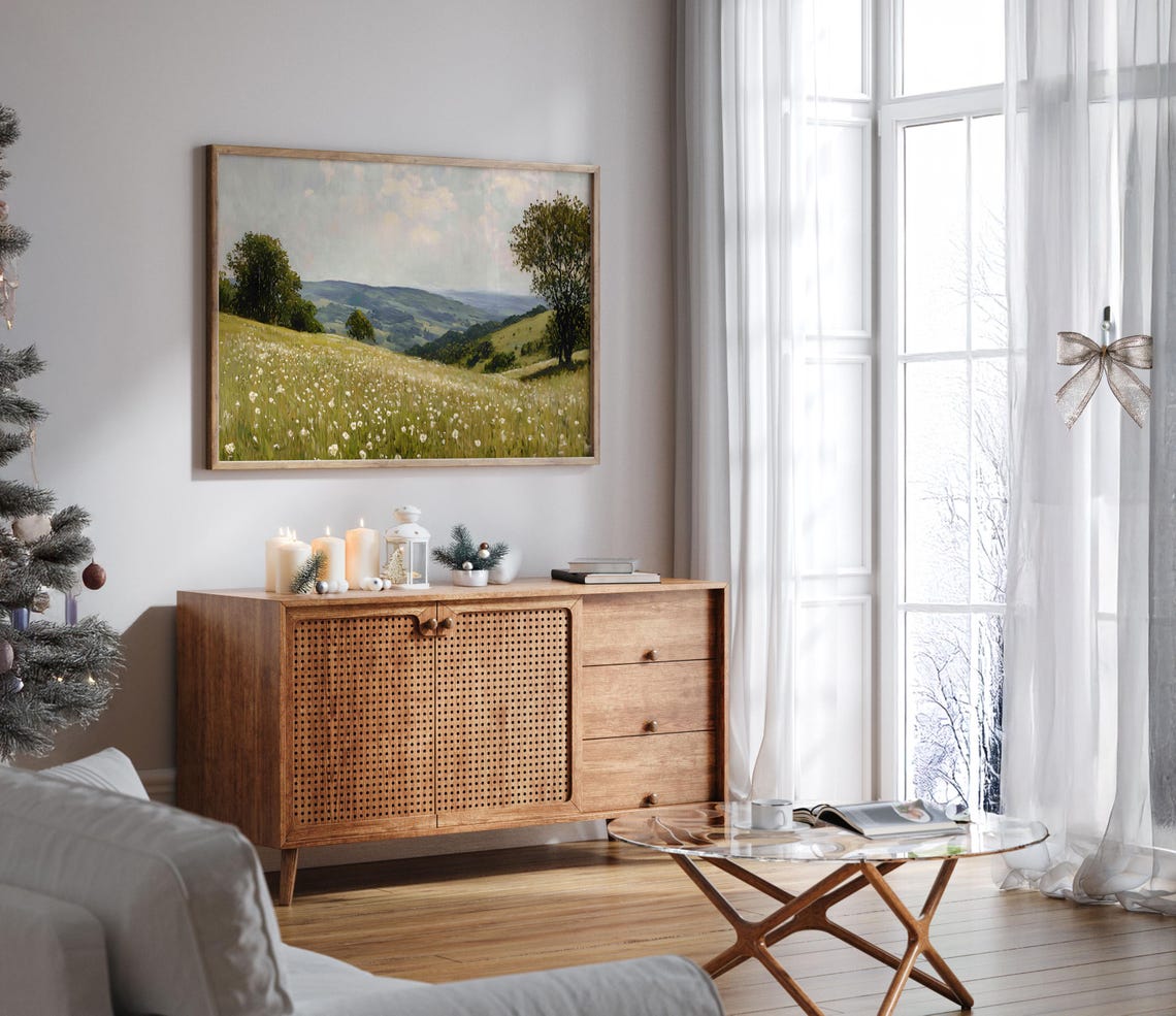 White Wildflower Meadow Rolling Hills Summer Landscape Oil Poster - Image 7