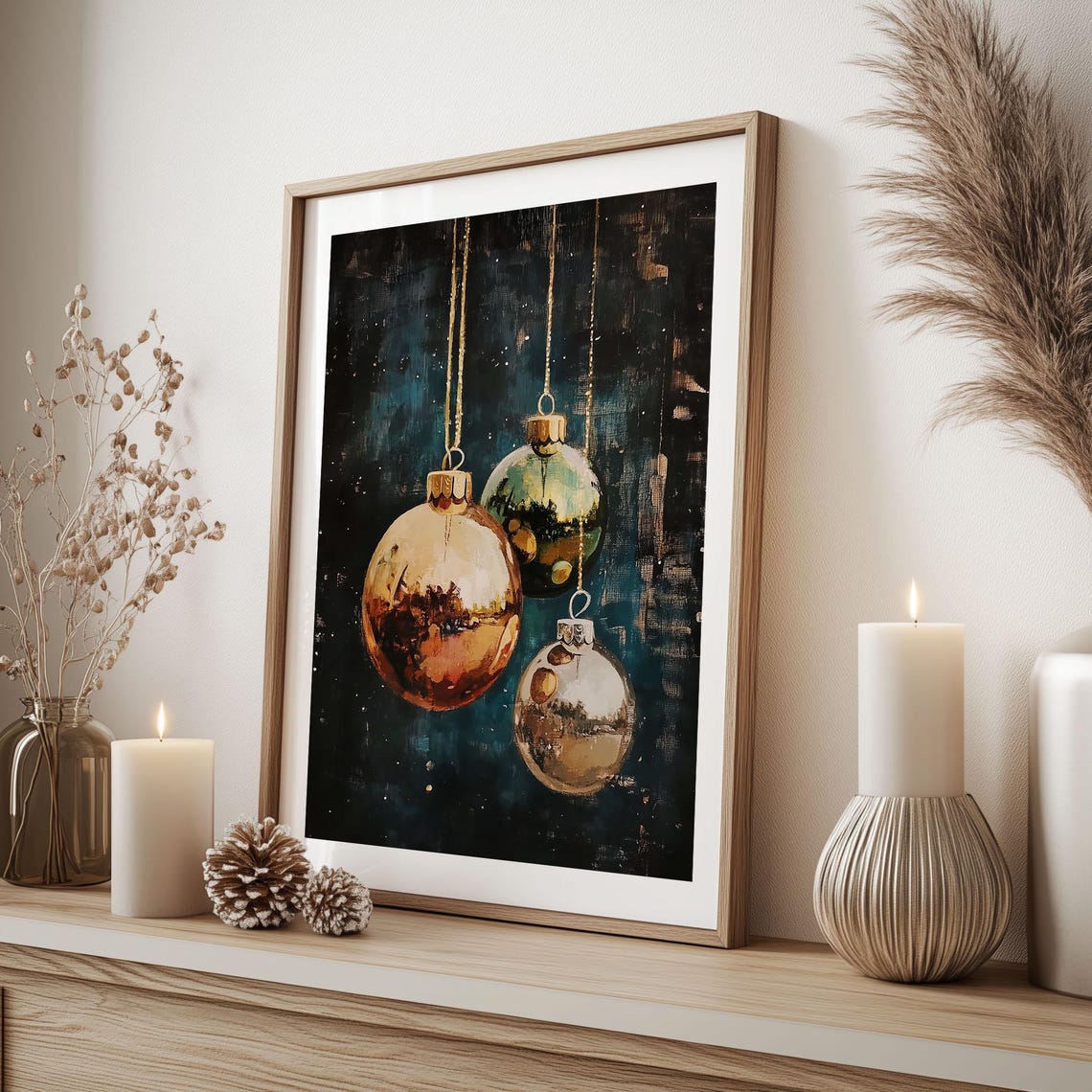 Metallic Gold Green and Silver Baubles on Dark Teal Christmas Poster - Image 6