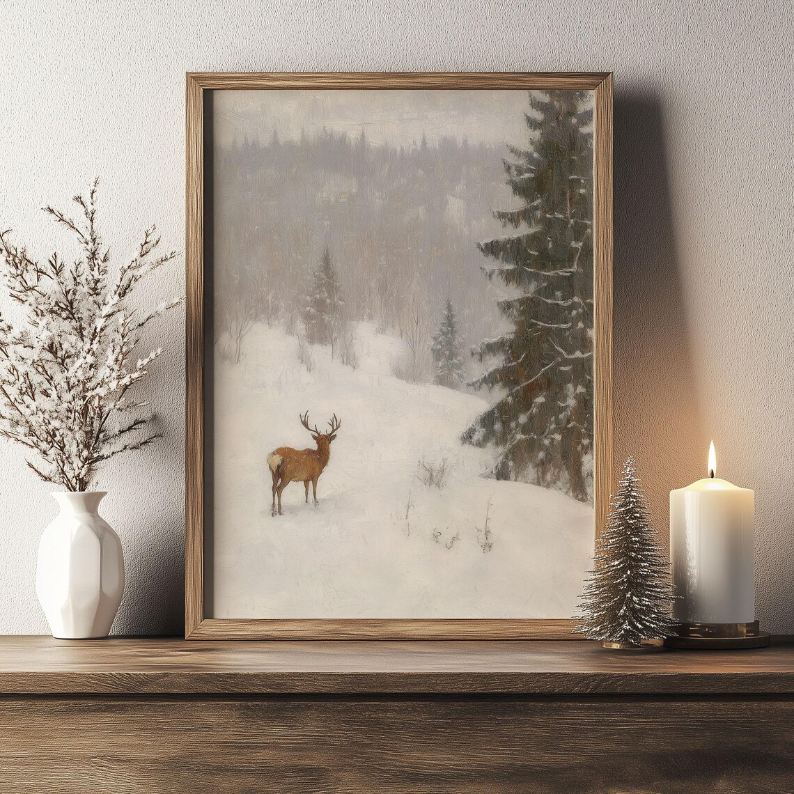 Lone Deer in Vast Misty Snowy Landscape Muted Winter Oil Poster - Image 3