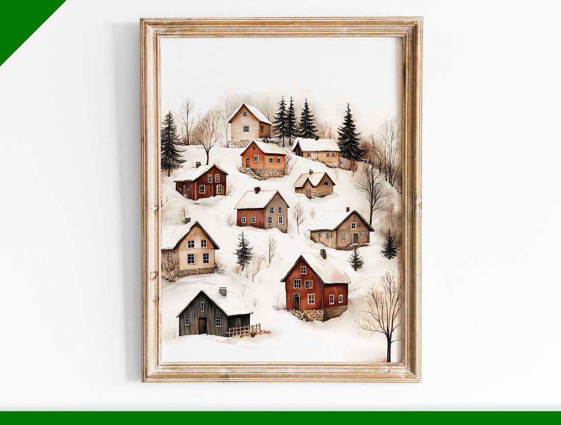 Snowy Nordic Village Hillside Cabins Watercolor Christmas Poster