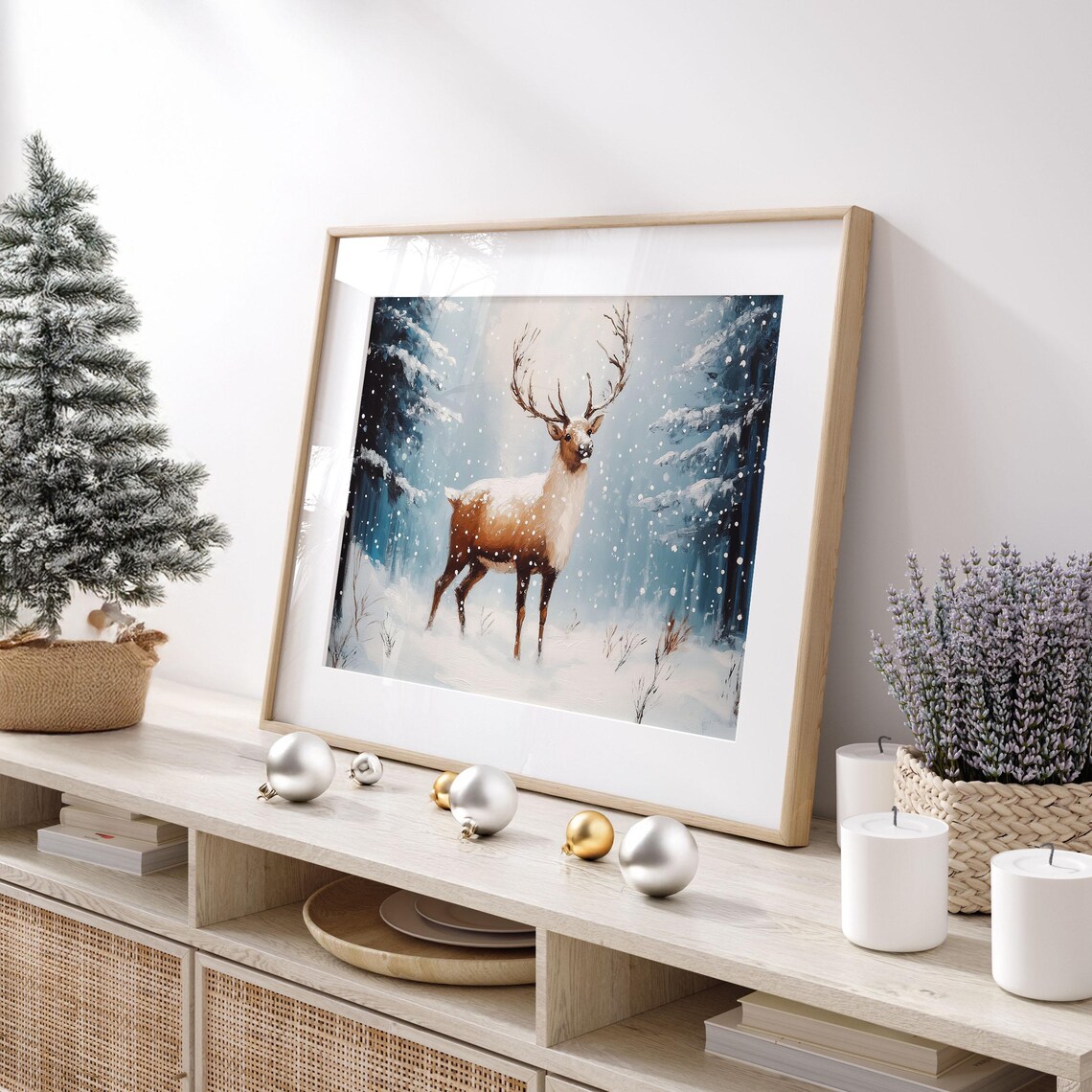 Reindeer in Falling Snow Blue Winter Forest Vintage Painting Poster - Image 5