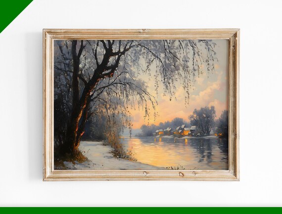 Winter Riverside Sunset Willow Trees Glowing Village Oil Painting Poster