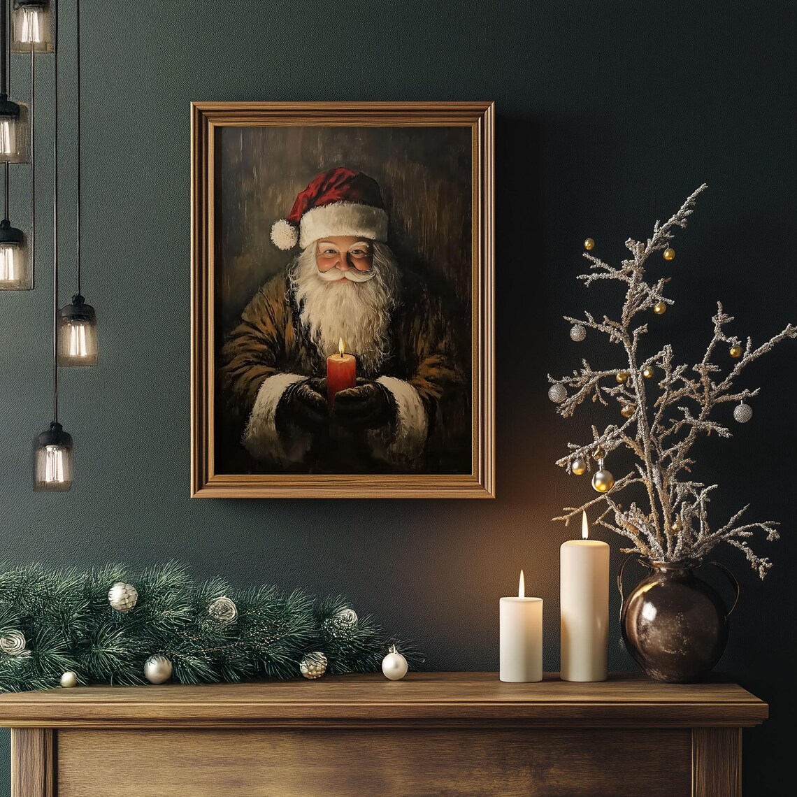 Santa Claus Holding a Candle Dark Rustic Oil Painting Christmas Poster - Image 4