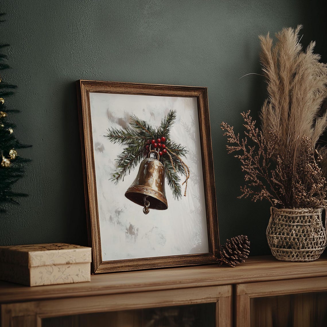 Rustic Brass Bell with Pine Branch and Red Berries Christmas Poster - Image 7