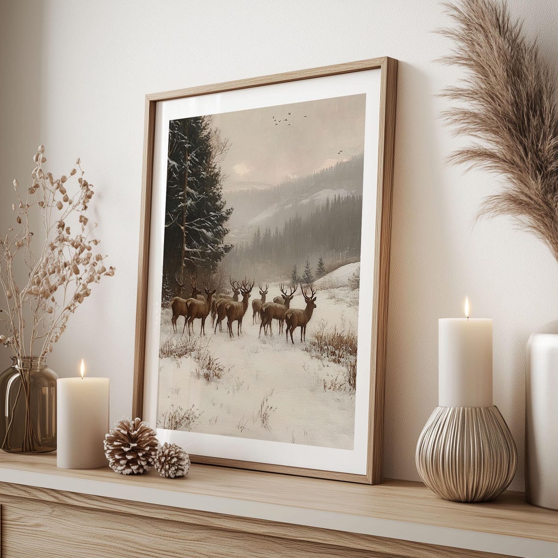 Herd of Deer in Snowy Mountain Forest Vintage Wildlife Poster - Image 2