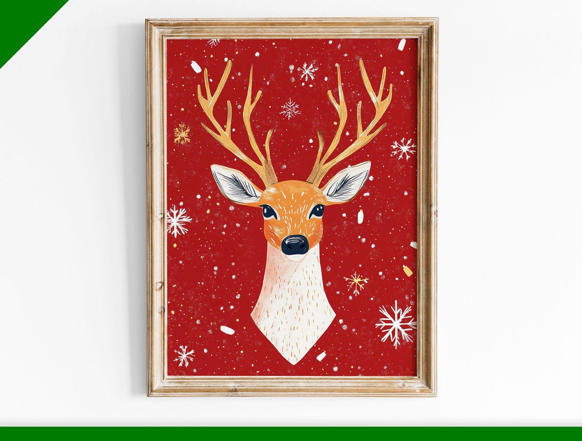 Illustrated Deer Head with Golden Antlers on Red Christmas Poster