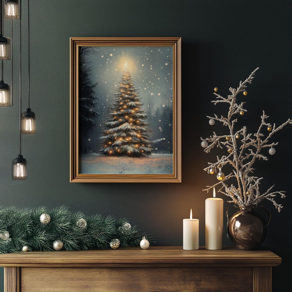 Lit Christmas Tree in Snowy Night with Glowing Lights Holiday Poster - Image 4