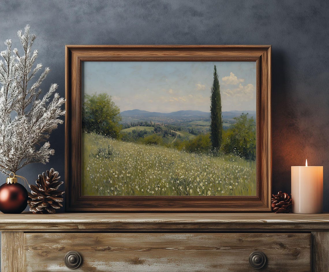 Tall Cypress Tree Wildflower Meadow Valley View Landscape Poster - Image 2