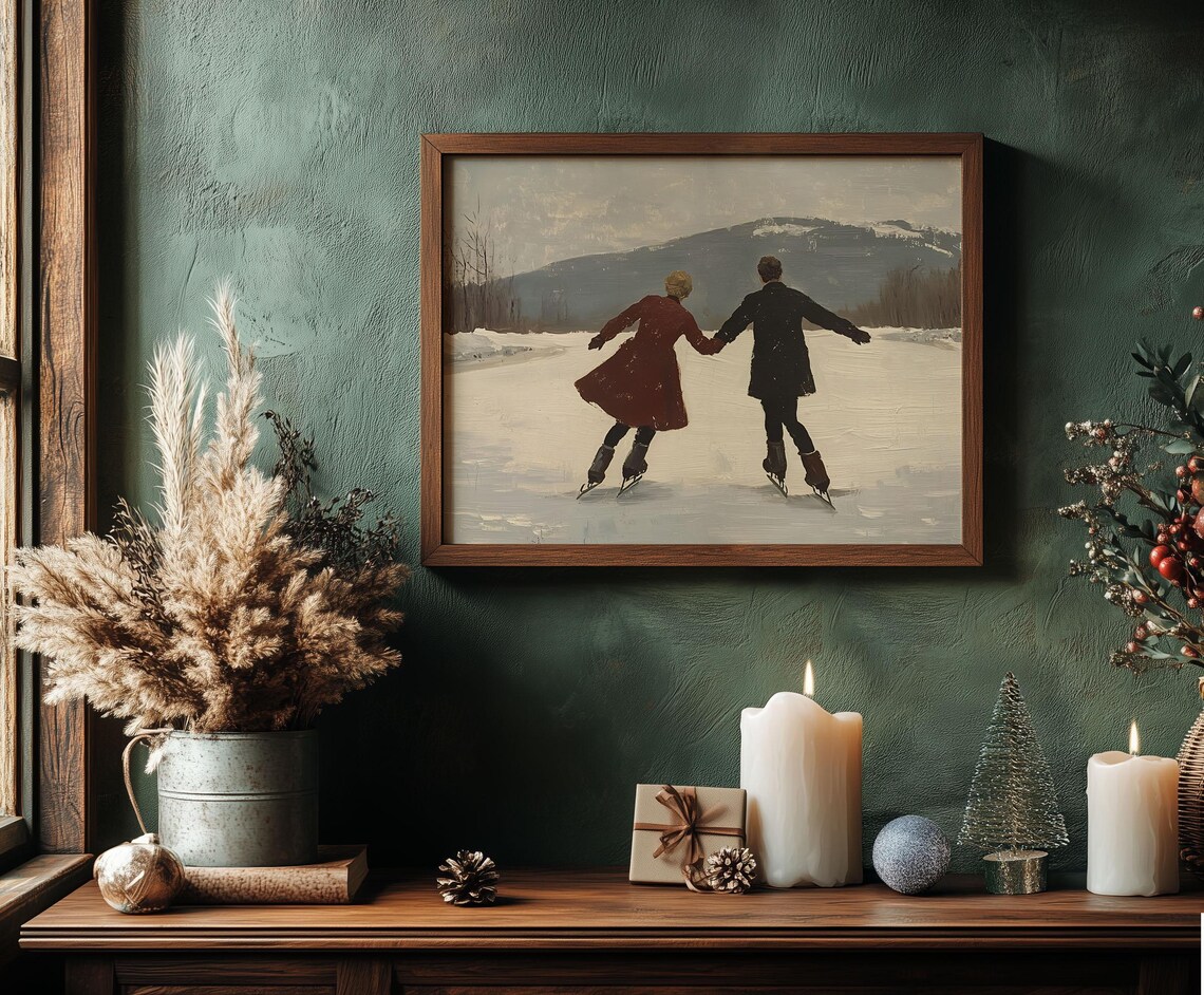 Romantic Couple Ice Skating Vintage Winter Mountain Landscape Poster - Image 6