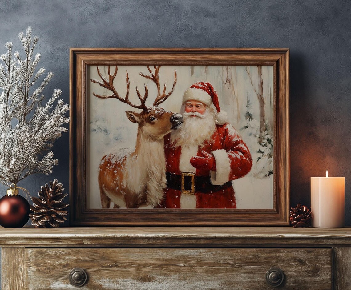Santa Claus with Reindeer Nuzzling in Snowy Woods Christmas Poster - Image 4