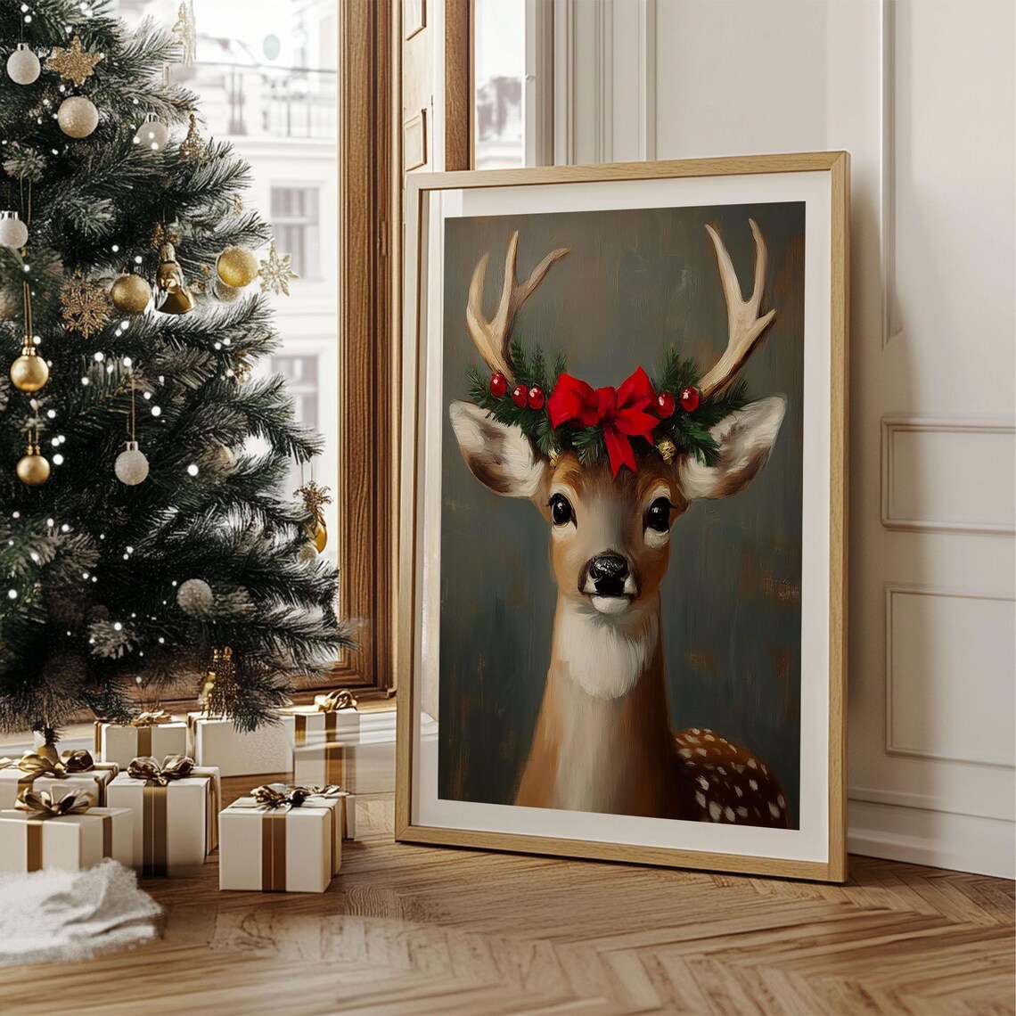 Young Deer Portrait with Christmas Bow Antlers Oil Painting Poster - Image 2
