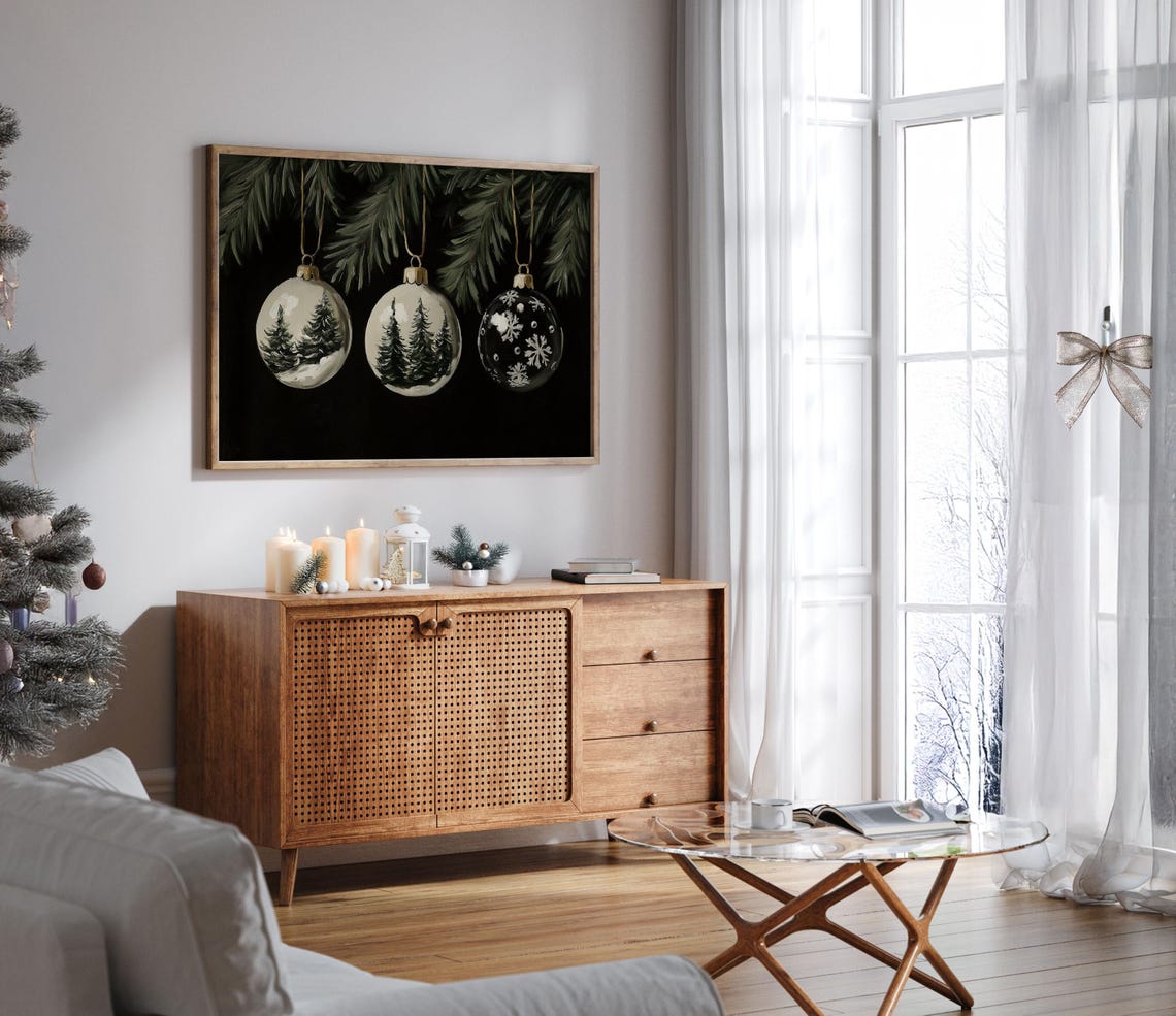 Hand Painted Baubles with Trees and Snowflakes on Black Poster - Image 5