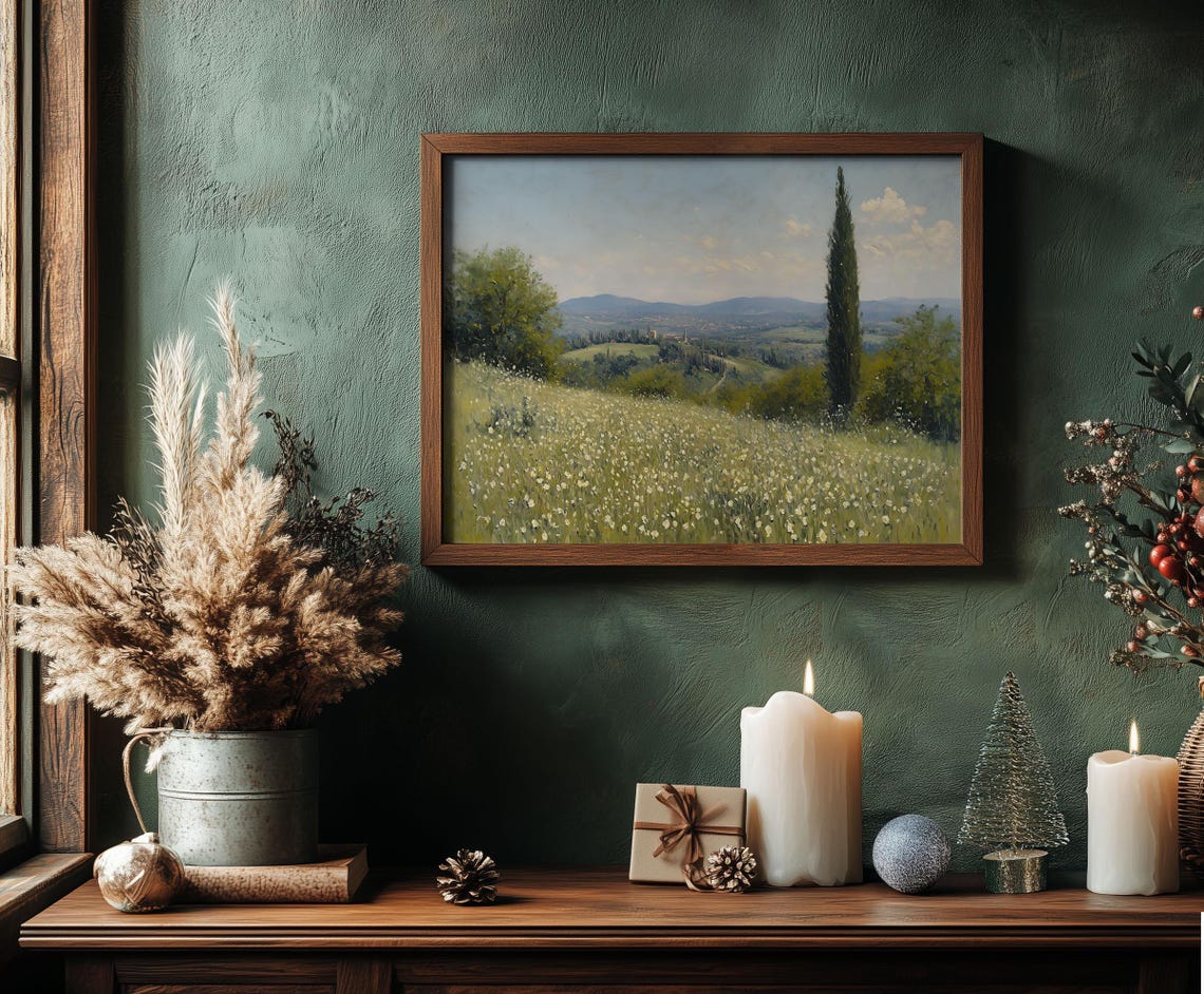 Tall Cypress Tree Wildflower Meadow Valley View Landscape Poster - Image 4