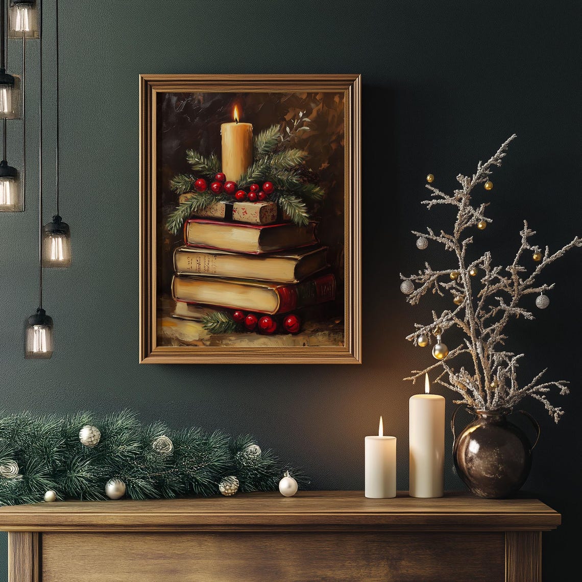 Stack of Vintage Books with Candle and Berries Cozy Christmas Poster - Image 3