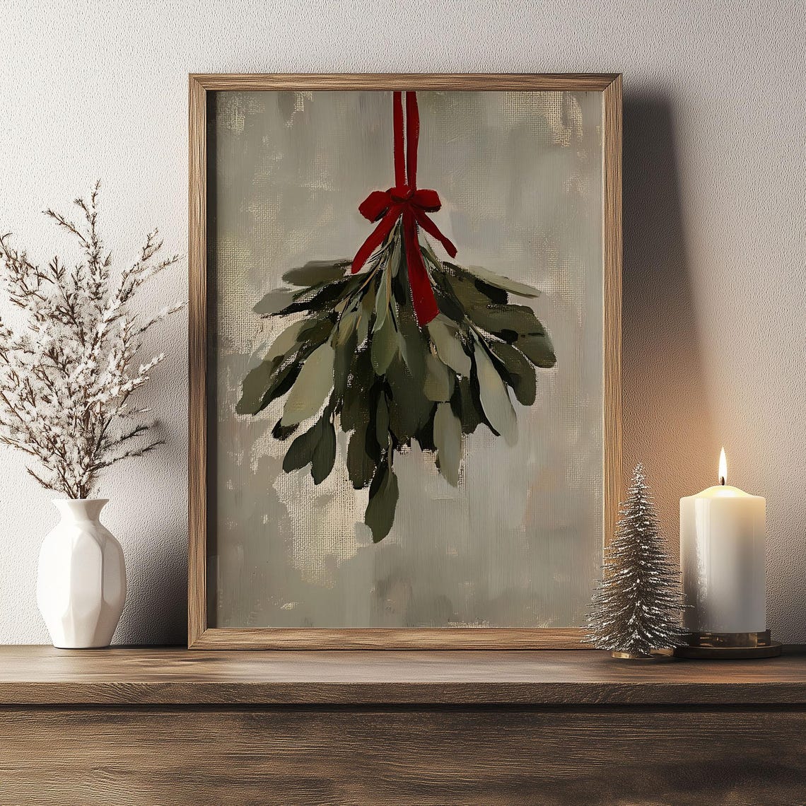 Hanging Mistletoe Bunch Tied with Red Ribbon Minimal Winter Wall Art - Image 7