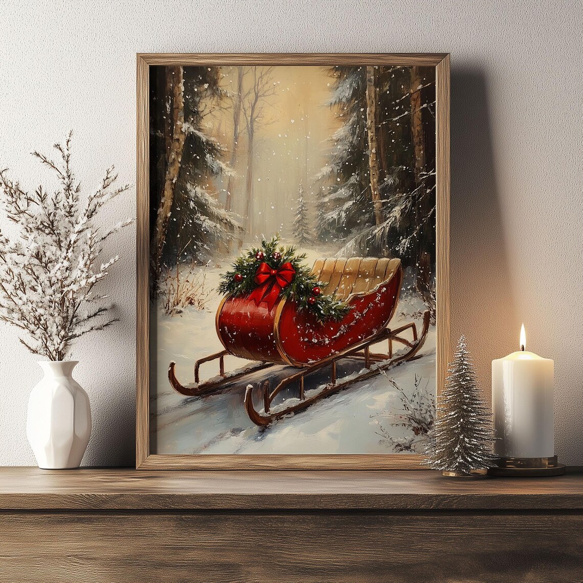 Red Christmas Sleigh in Snowy Forest Vintage Winter Scene Poster - Image 4