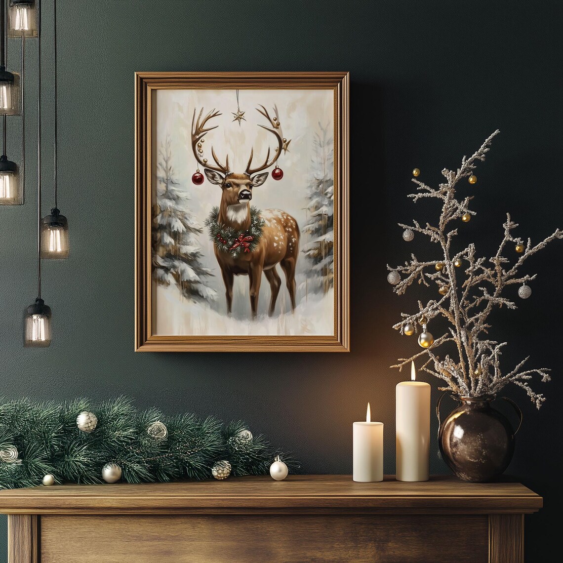 Festive Deer with Ornaments on Antlers and Wreath Christmas Poster - Image 3