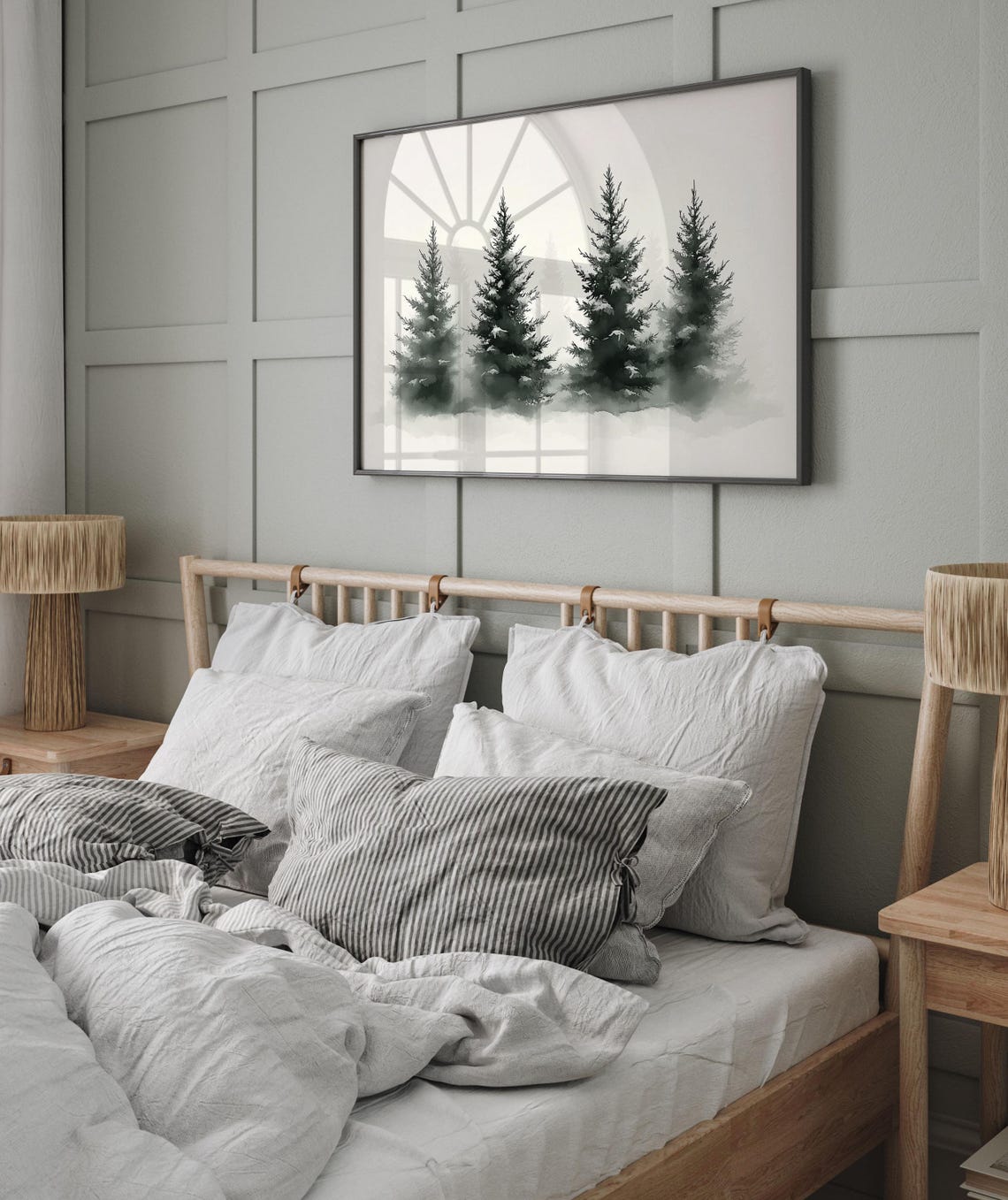 Five Misty Pine Trees Minimalist Foggy Winter Watercolor Poster - Image 5