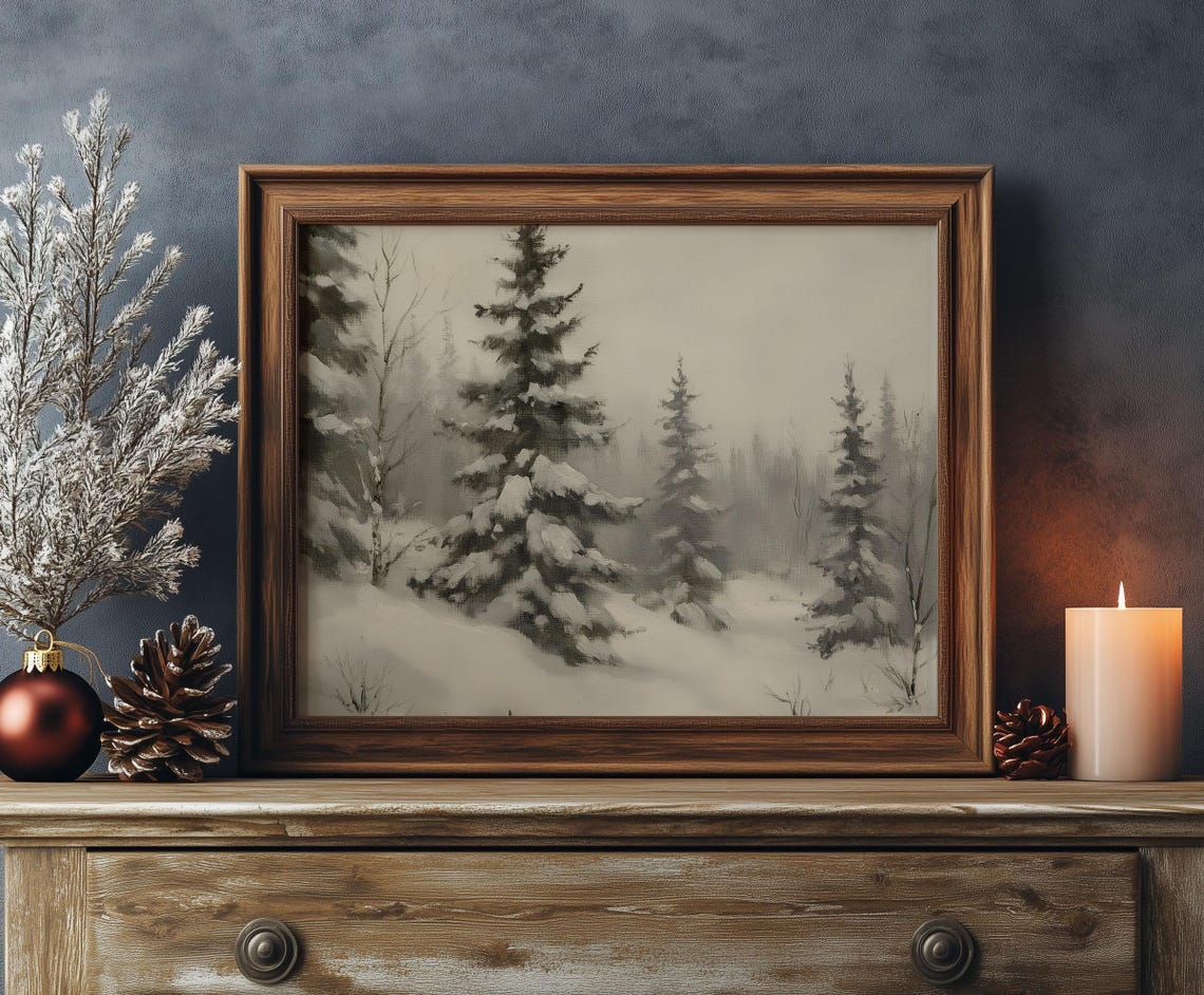 Misty Snow Covered Pine Forest Winter Landscape Oil Painting Poster - Image 3