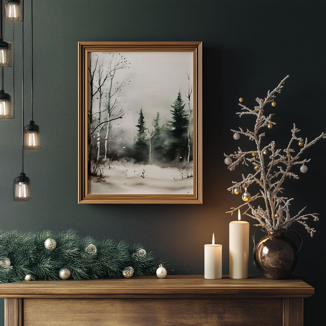Birch and Pine Trees Misty Snowy Winter Watercolor Forest Poster - Image 7