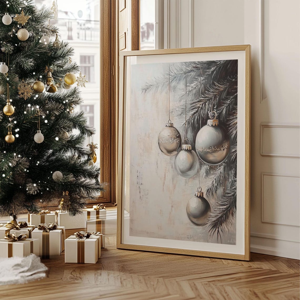 Silver Baubles Hanging Among Frosted Branches Elegant Christmas Poster - Image 2
