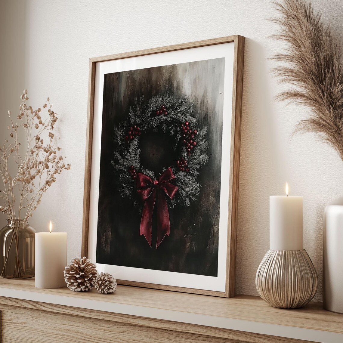 Frosted Pine Wreath with Red Berries and Burgundy Bow Christmas Poster - Image 3