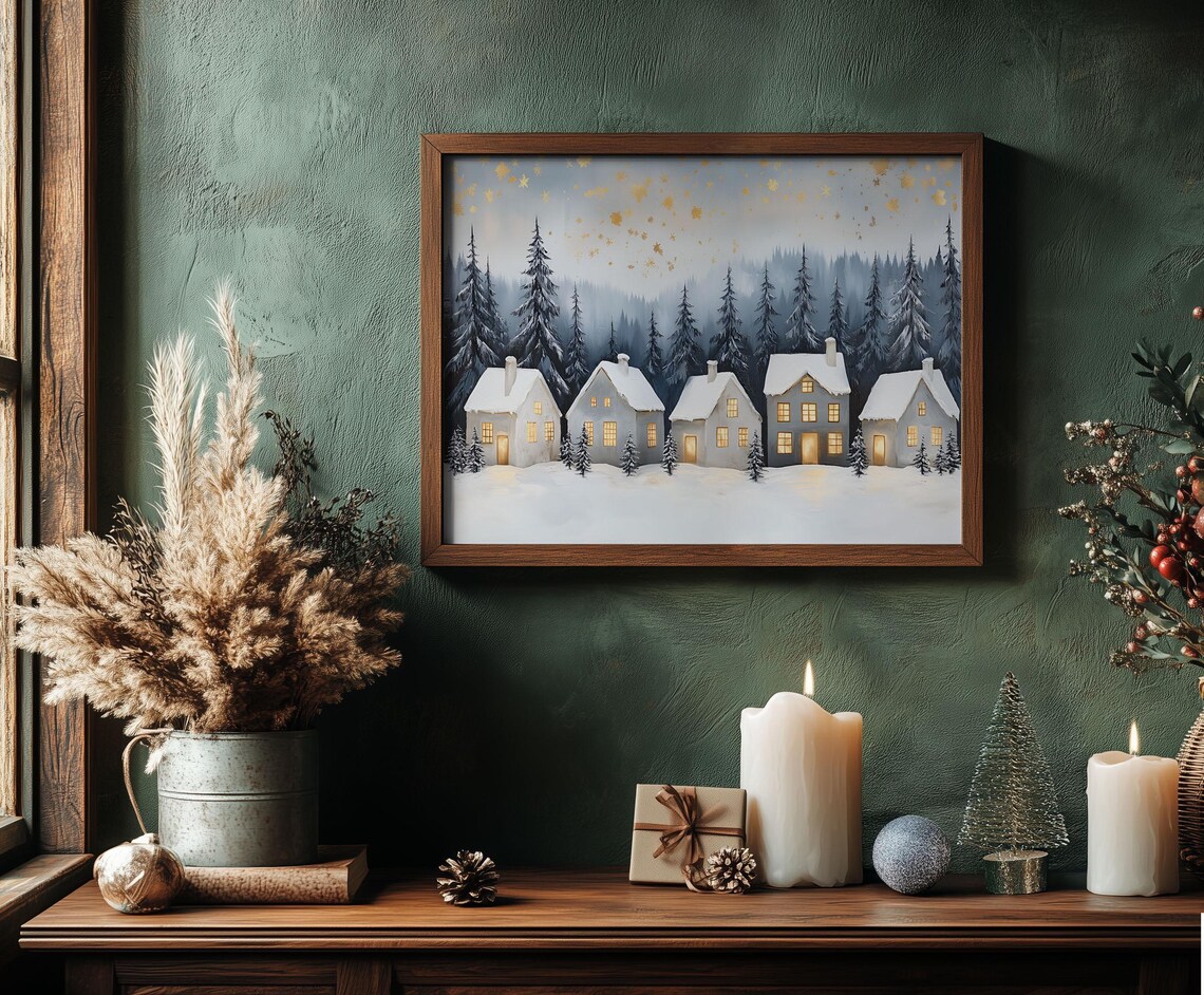 Row of White Snow Cottages Glowing Windows Golden Sky Winter Poster - Image 5