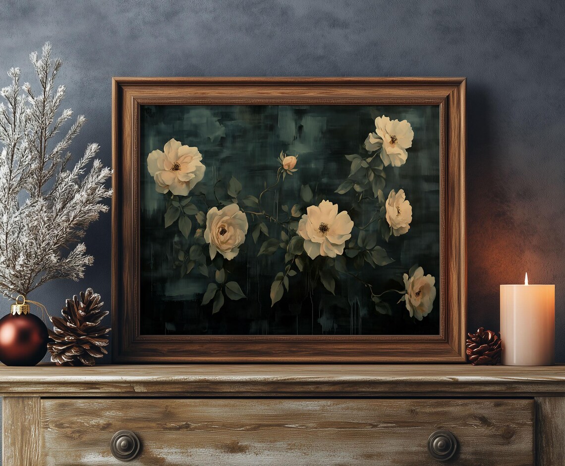 Cream Roses on Dark Background Moody Vintage Floral Oil Poster - Image 3