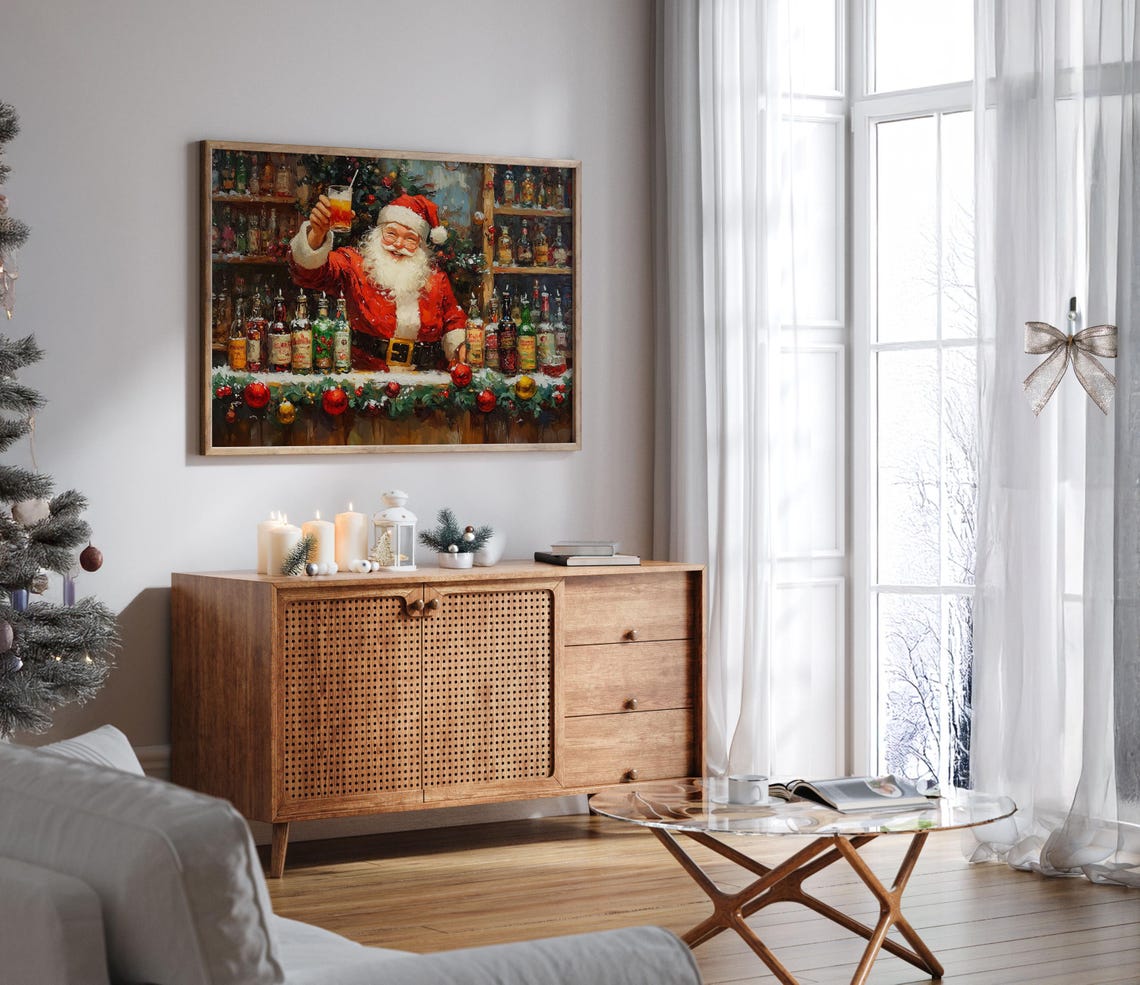 Festive Santa Claus Bartender Raising Cocktail at Holiday Bar Poster - Image 5