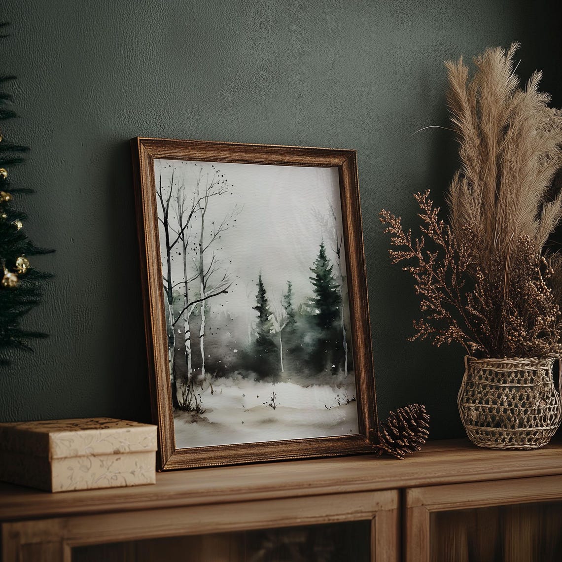 Birch and Pine Trees Misty Snowy Winter Watercolor Forest Poster - Image 4