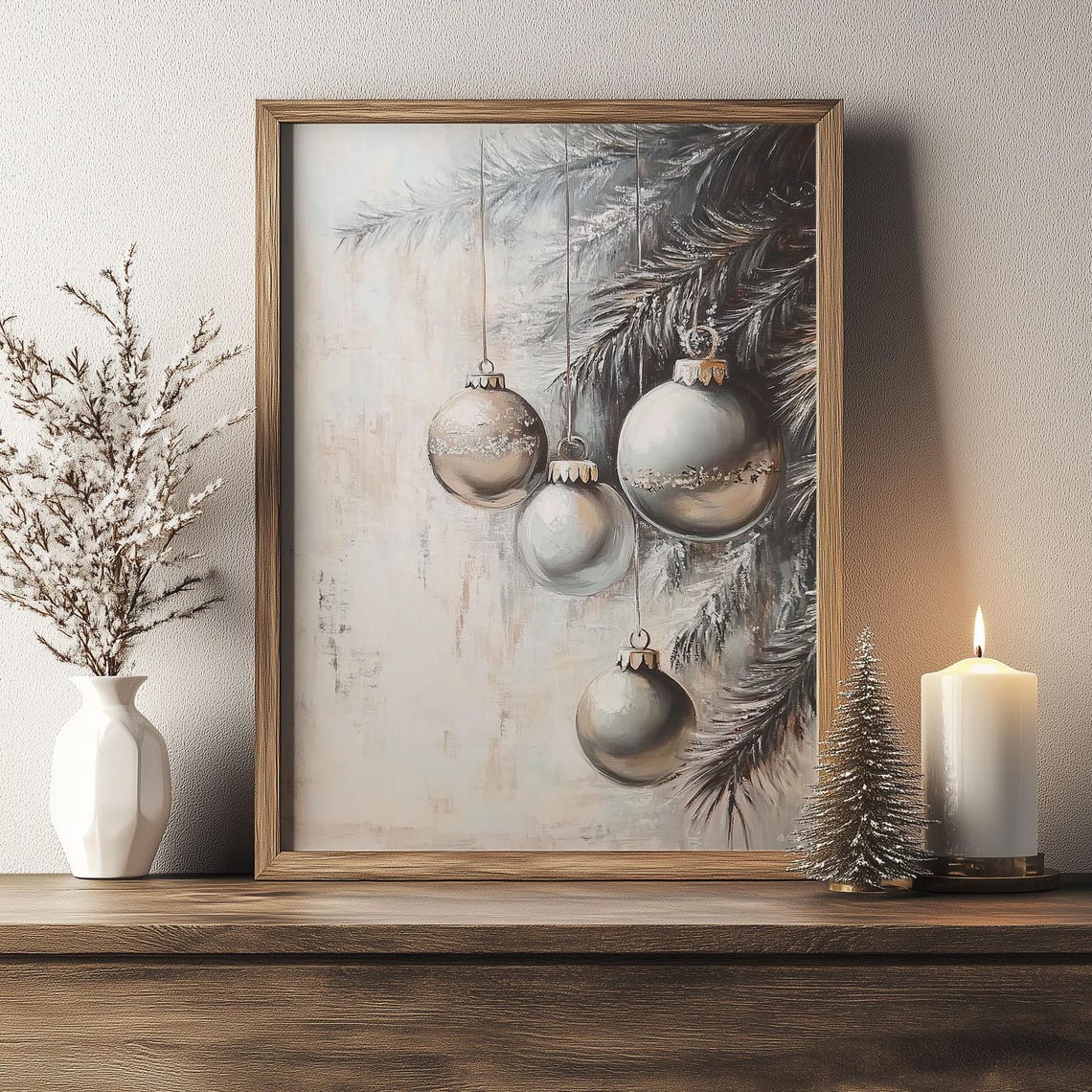 Silver Baubles Hanging Among Frosted Branches Elegant Christmas Poster - Image 7