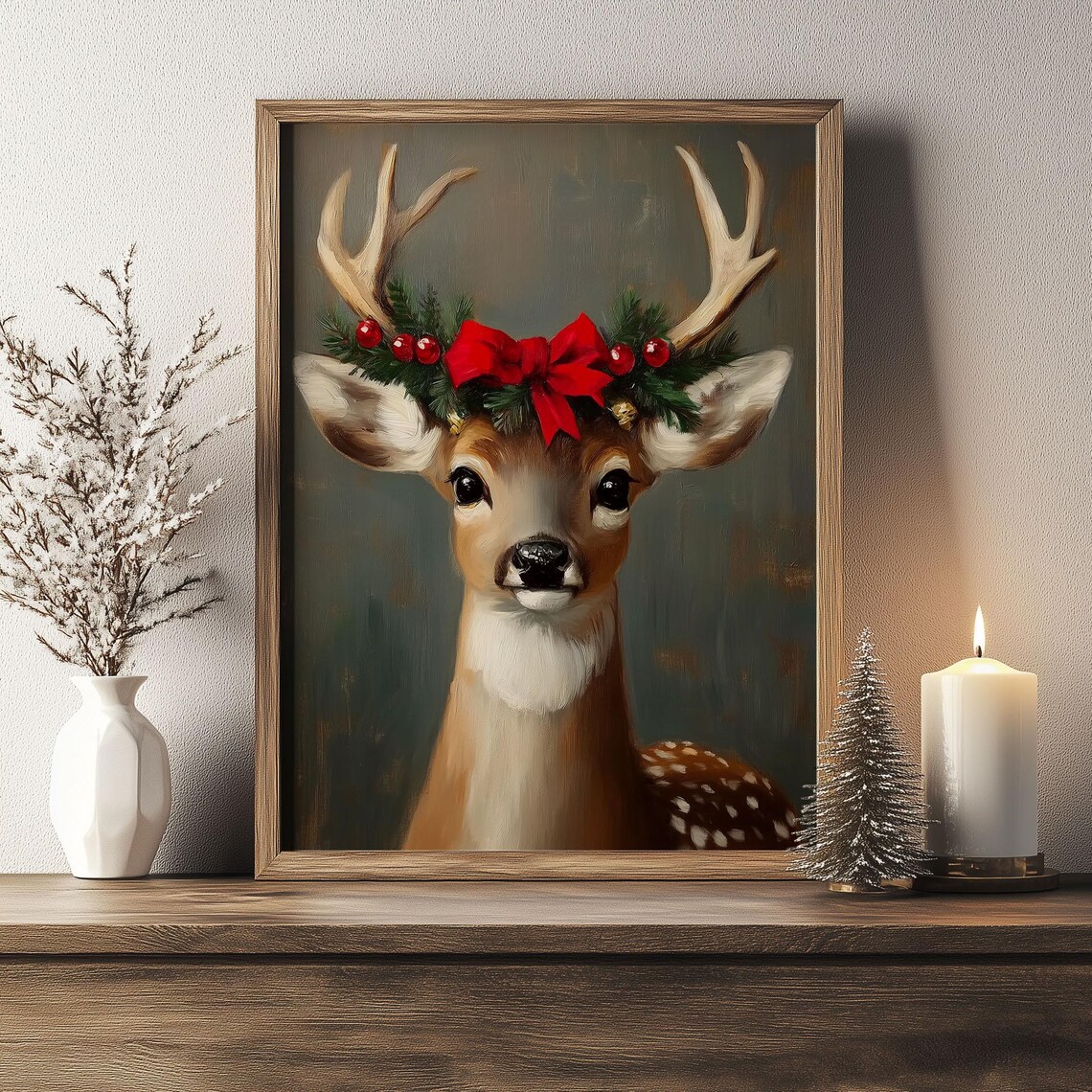 Young Deer Portrait with Christmas Bow Antlers Oil Painting Poster - Image 3