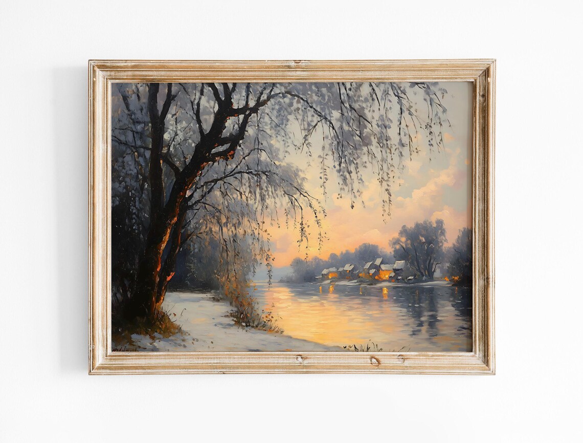 Winter Riverside Sunset Willow Trees Glowing Village Oil Painting Poster - Image 5