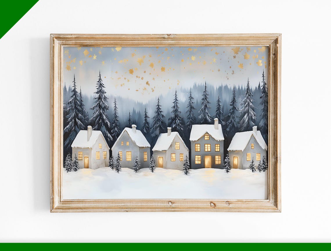 Row of White Snow Cottages Glowing Windows Golden Sky Winter Poster