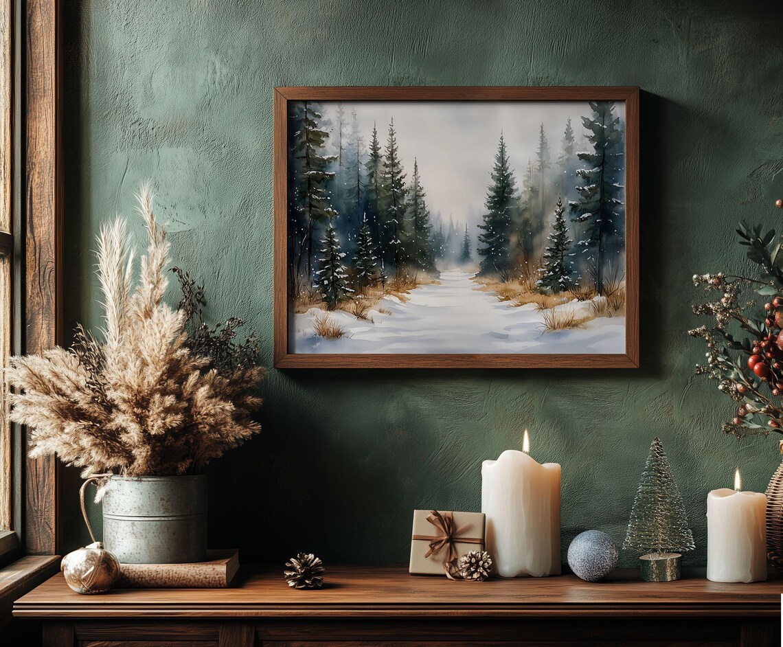 Snowy Pine Forest Path Through Woods Watercolor Winter Landscape Poster - Image 4