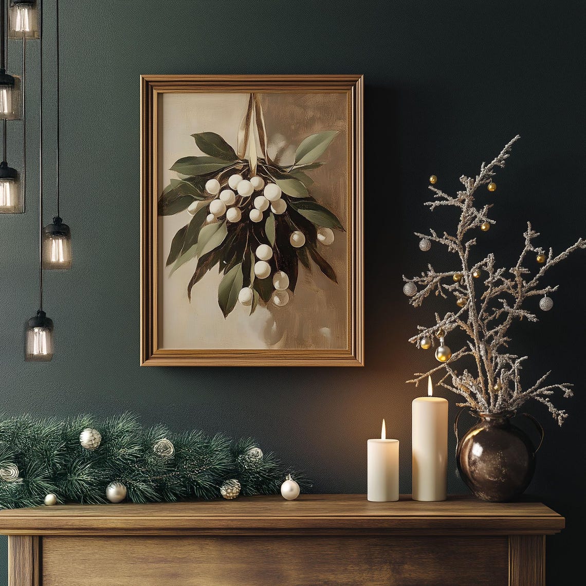 Hanging Mistletoe With White Berries Vintage Botanical Wall Art - Image 4