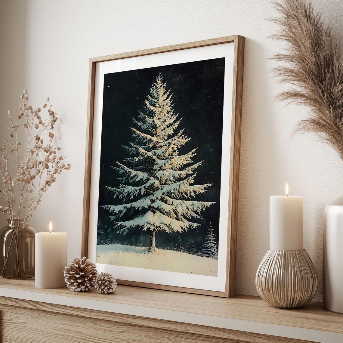 Moonlit Snowy Evergreen Dark Night Sky Vintage Winter Tree Poster - Image 5