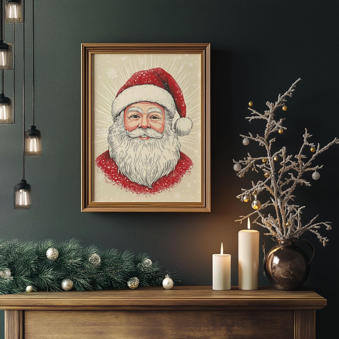 Vintage Santa Claus Portrait With Snowflakes Sunburst Holiday Poster - Image 2