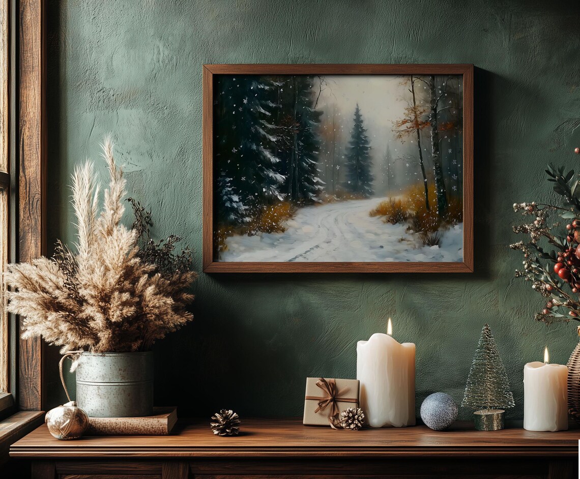 Snowy Forest Path Winter Landscape Vintage Oil Painting Poster - Image 3