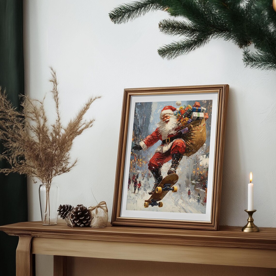 Cool Santa Claus Skateboard Jump with Gift Bag Snowy Street Poster - Image 2