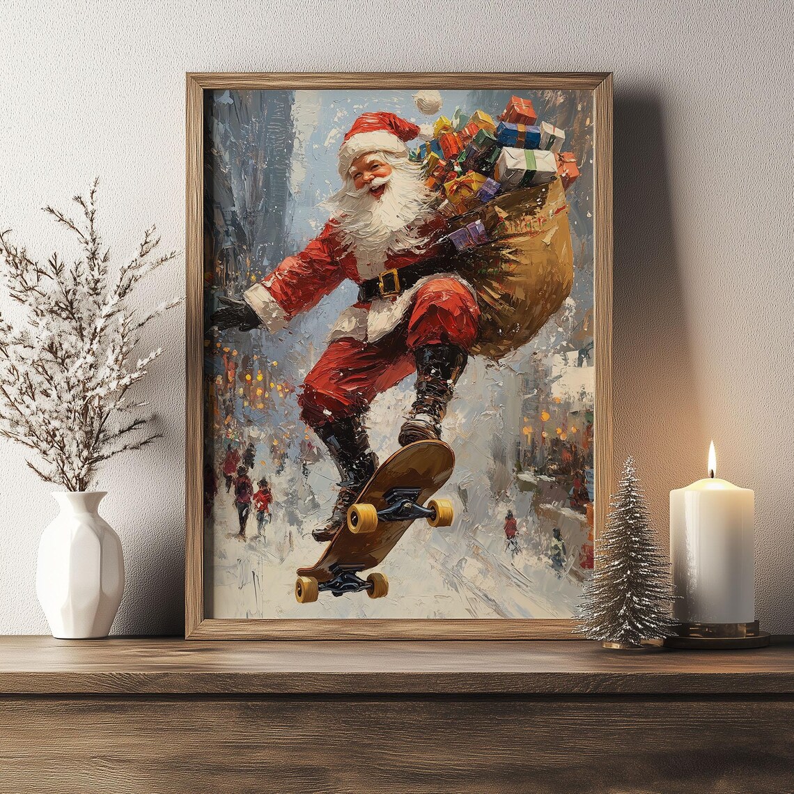 Cool Santa Claus Skateboard Jump with Gift Bag Snowy Street Poster - Image 5