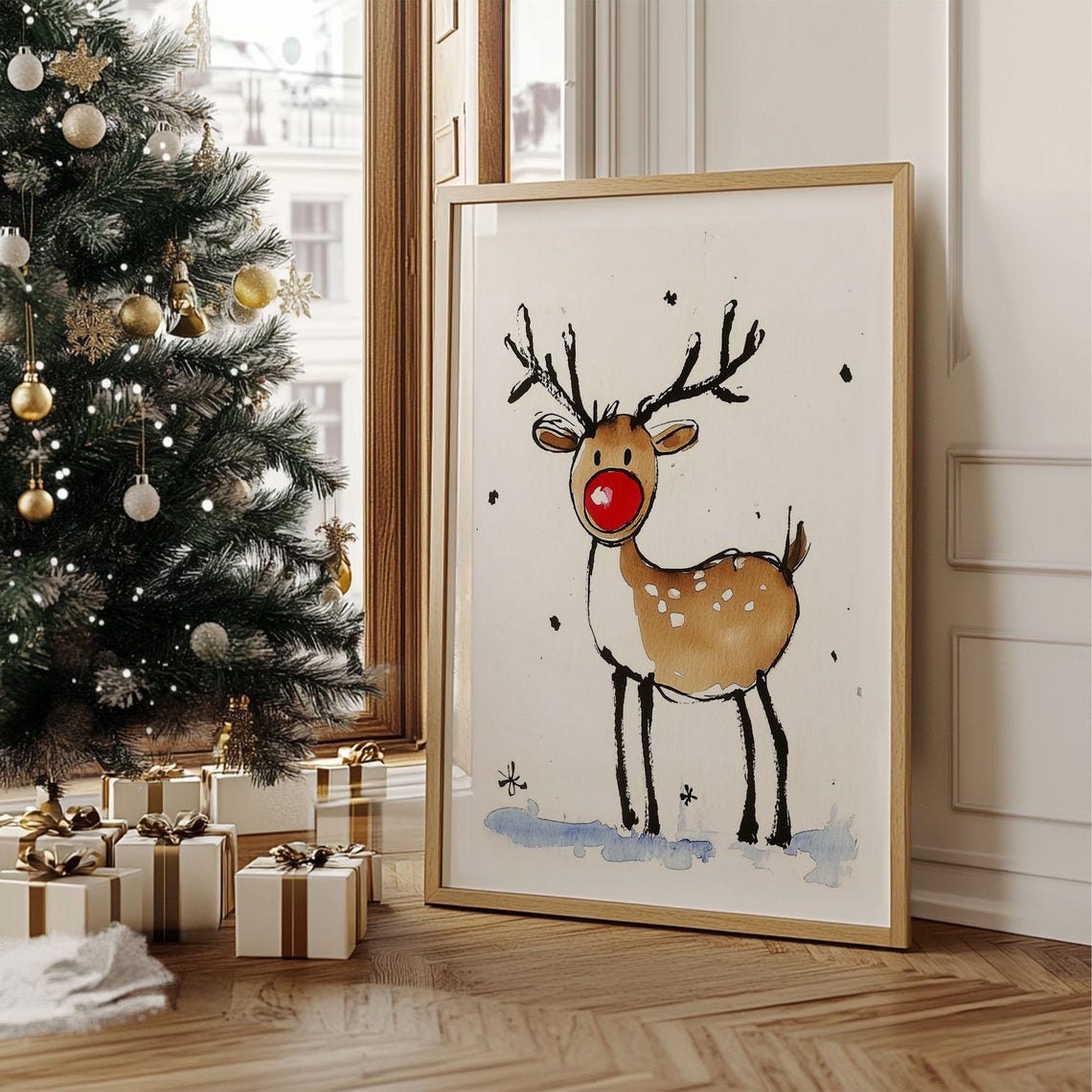 Cute Red Nose Reindeer Ink Watercolor Whimsical Christmas Poster - Image 3