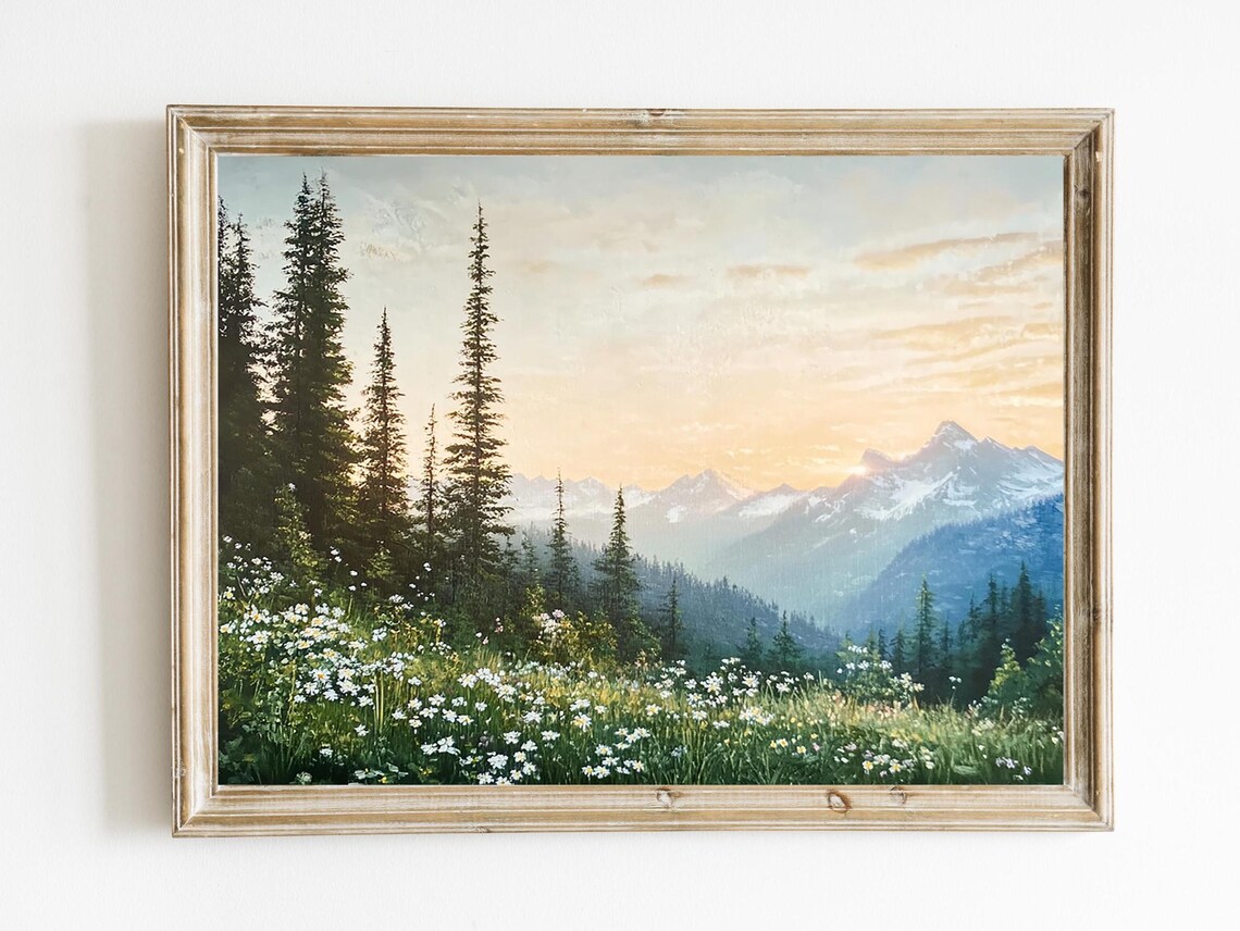 Mountain Landscape Vintage Poster, Rustic Farmhouse Decor
