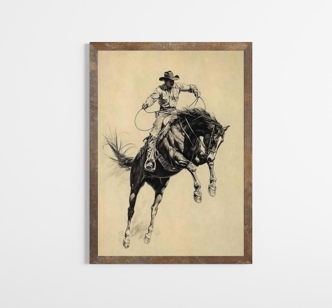 Vintage Cowboy Rearing Horse Western Sketch Art Bucking Bronco Poster