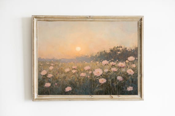 Peony Sunrise Vintage Landscape Art Print, Farmhouse
