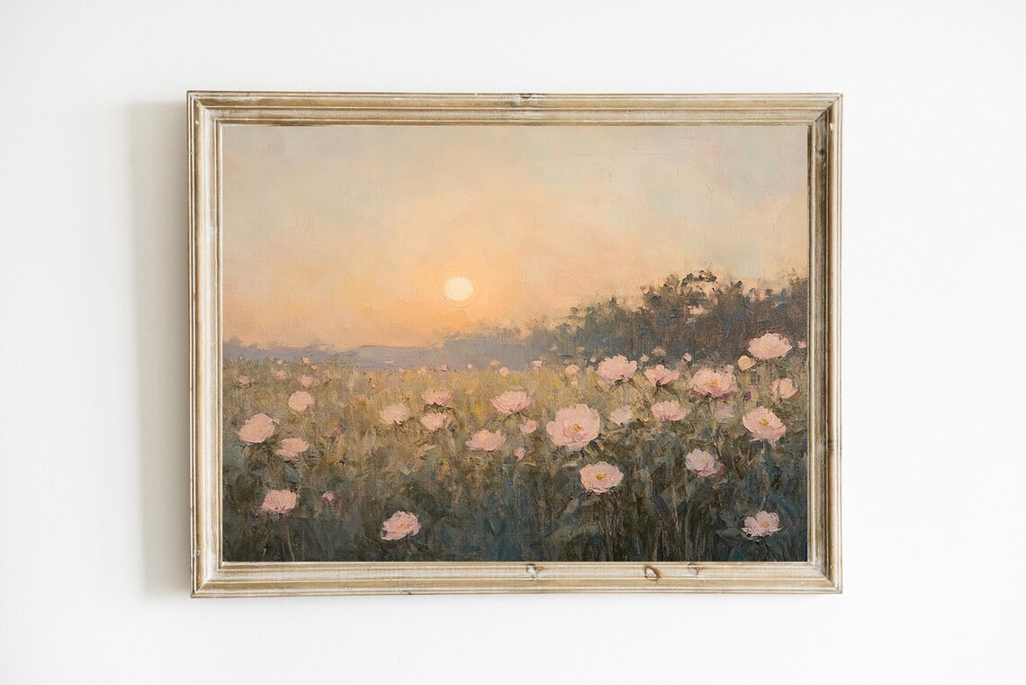 Peony Sunrise Vintage Landscape Art Print, Farmhouse